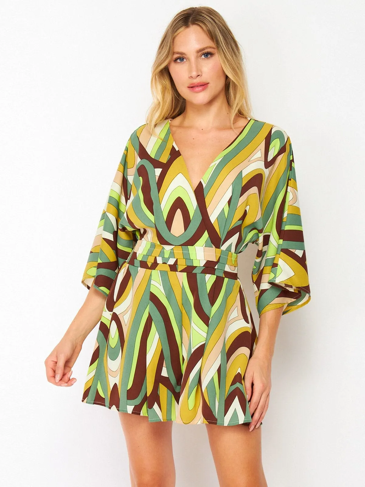 WOMEN'S SHORT SLEEVE SURPLICE POCKETS MULTI PRINT ROMPER