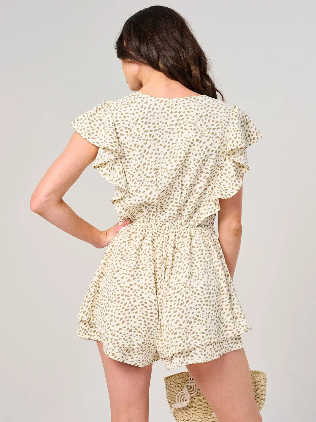 WOMEN'S SHORT SLEEVE V-NECK FRONT POCKETS BUTTON UP RUFFLE ROMPER