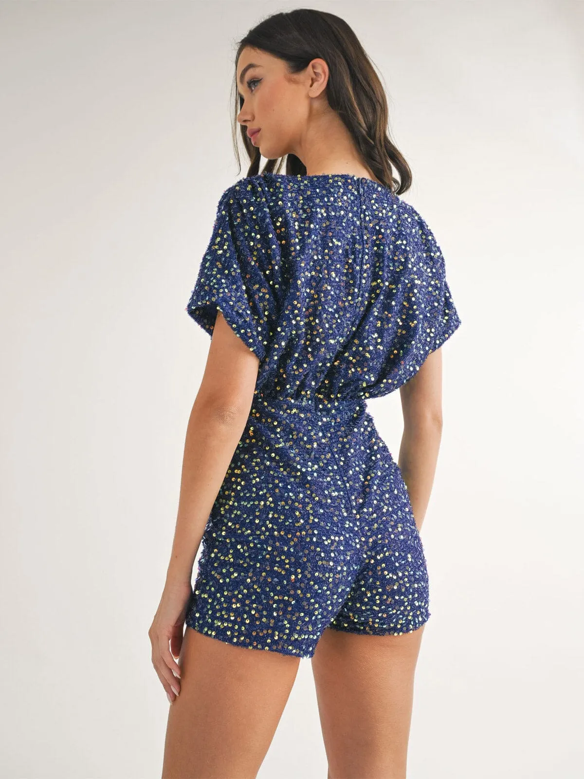 WOMEN'S SHORT SLEEVE V-NECK SEQUINS ROMPER