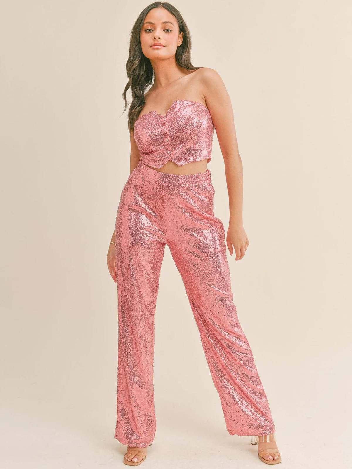 WOMEN'S SLEEVELESS CROP TOP & ELASTIC WAIST PANTS SEQUINS 2PC SET