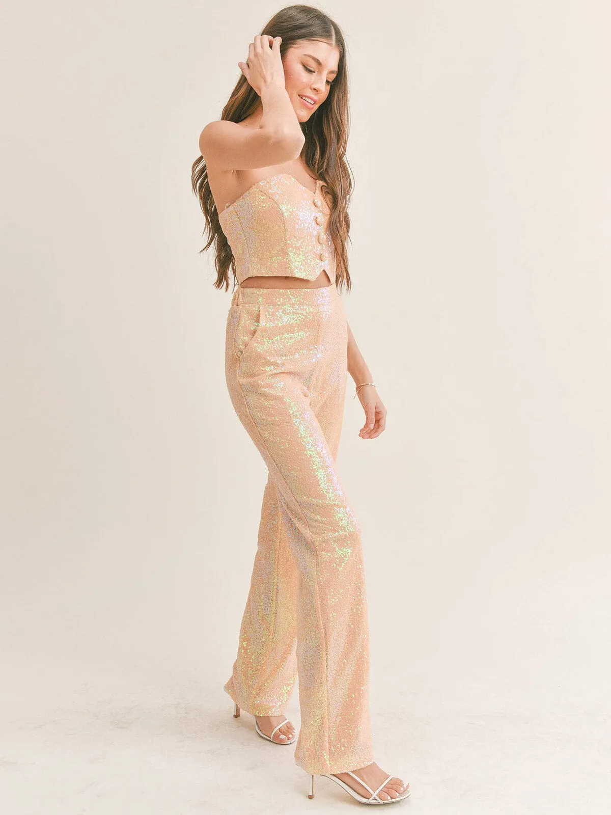 WOMEN'S SLEEVELESS CROP TOP & ELASTIC WAIST PANTS SEQUINS 2PC SET