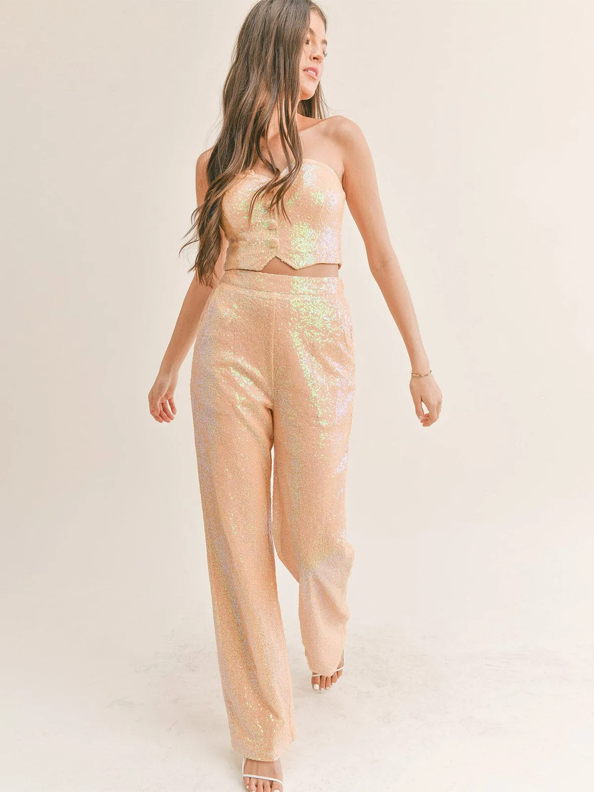 WOMEN'S SLEEVELESS CROP TOP & ELASTIC WAIST PANTS SEQUINS 2PC SET