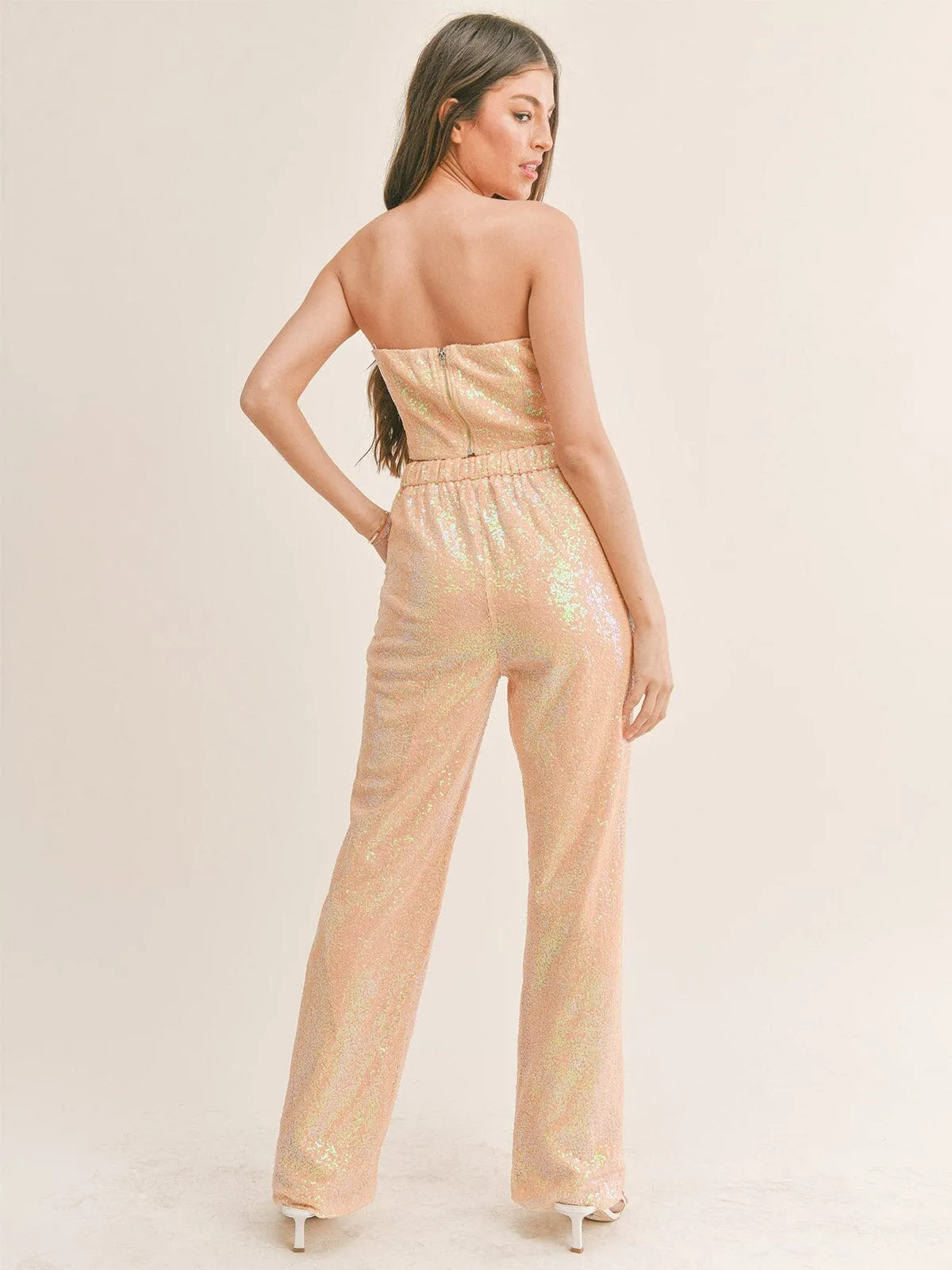 WOMEN'S SLEEVELESS CROP TOP & ELASTIC WAIST PANTS SEQUINS 2PC SET