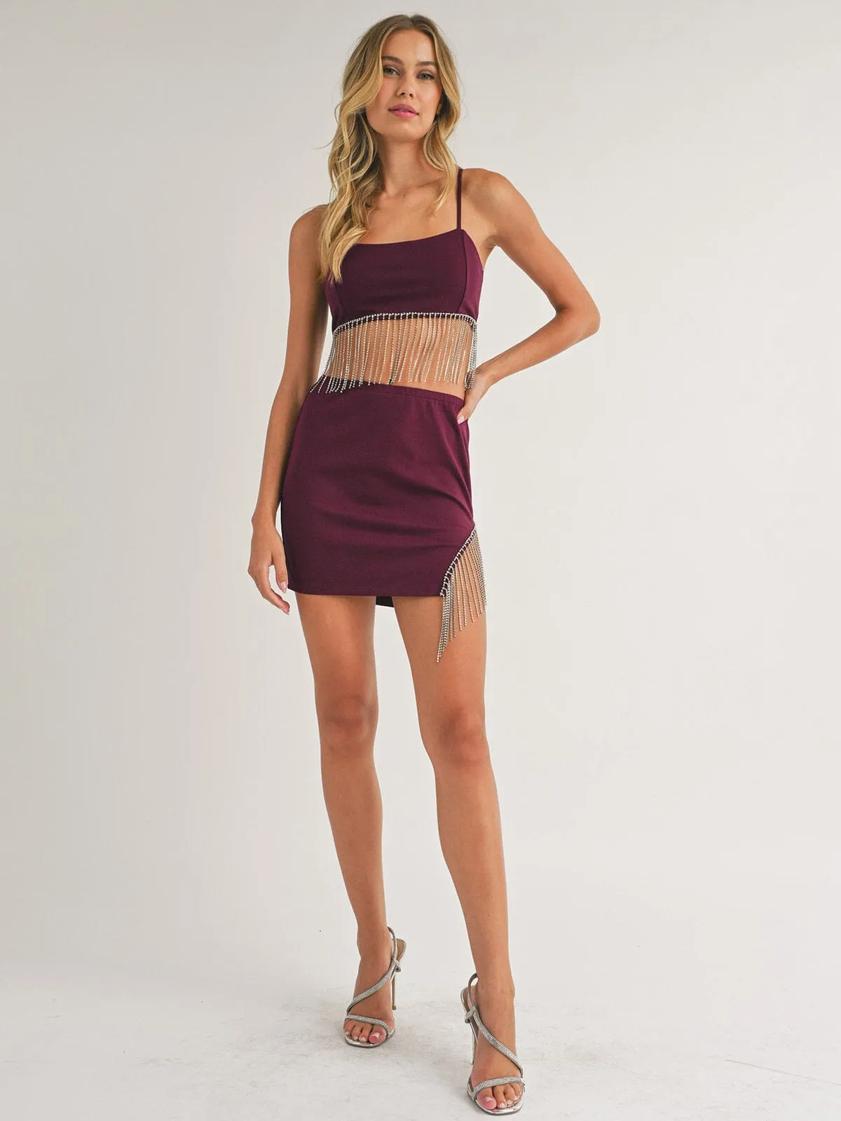 WOMEN'S SLEEVELESS CROP TOP & MINI SKIRT STUDS FRINGE DETAILED 2PC SET