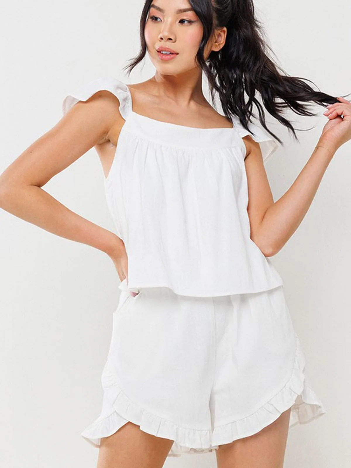 WOMEN'S SLEEVELESS FRONT POCKETS RUFFLE ROMPER