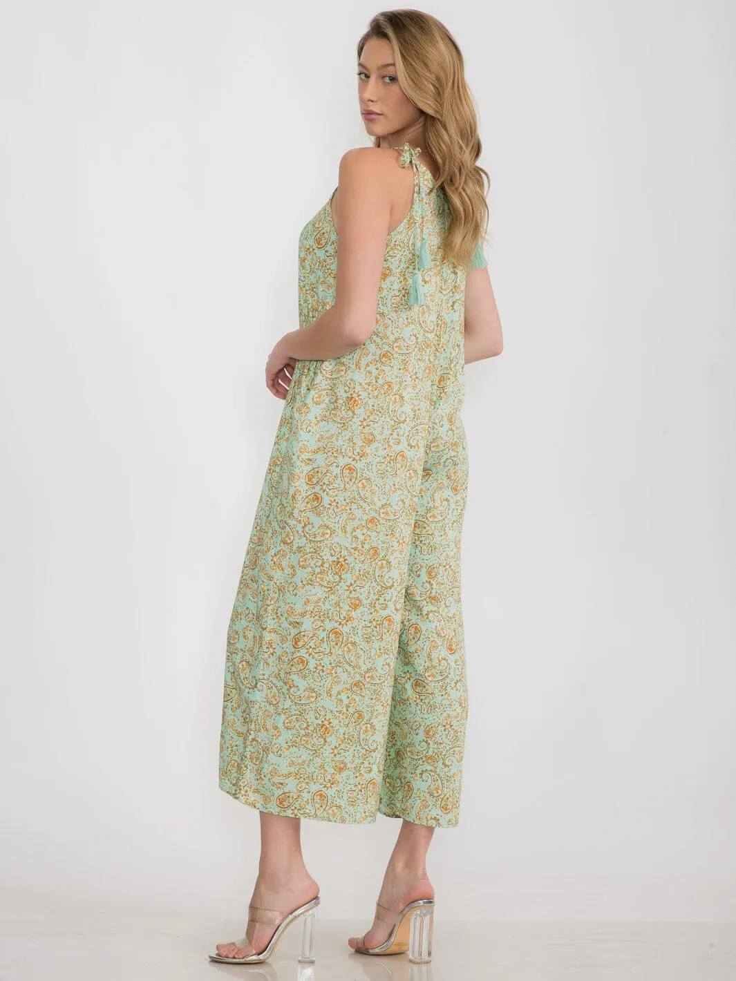 WOMEN'S SLEEVELESS FRONT POCKETS WIDE LEG PAISLEY PRINT JUMPSUIT