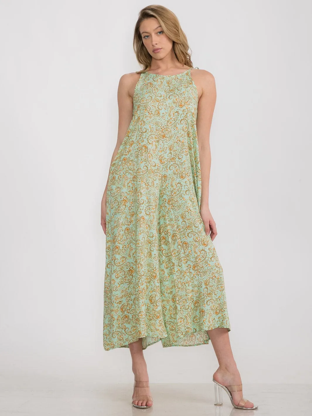 WOMEN'S SLEEVELESS FRONT POCKETS WIDE LEG PAISLEY PRINT JUMPSUIT