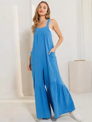 WOMEN'S SLEEVELESS OPEN BACK TIERED FRONT POCKETS WIDE LEG JUMPSUIT