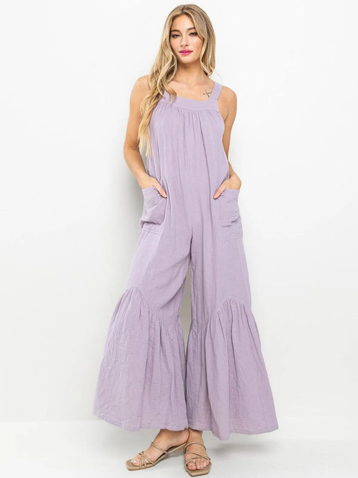 WOMEN'S SLEEVELESS OPEN BACK TIERED FRONT POCKETS WIDE LEG JUMPSUIT