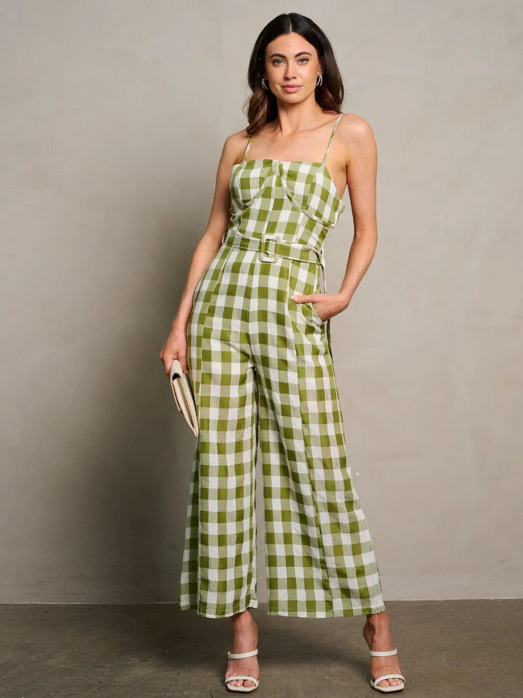 WOMEN'S SLEEVELESS POCKETS SELF TIE WIDE LEG PLAID JUMPSUIT