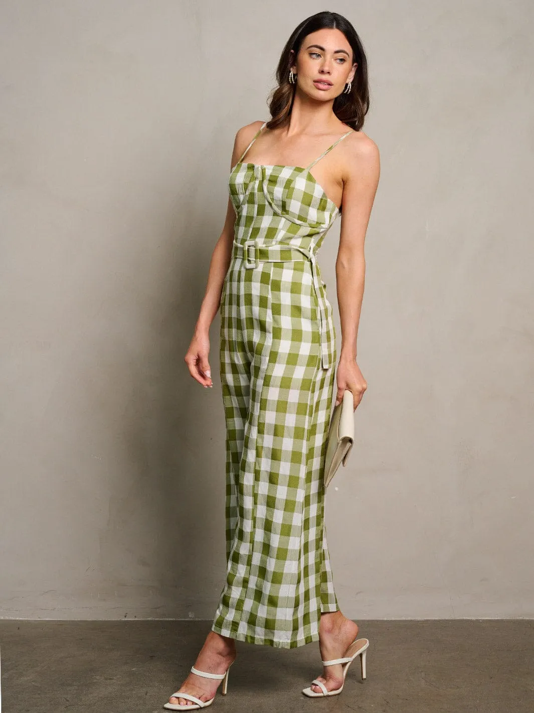 WOMEN'S SLEEVELESS POCKETS SELF TIE WIDE LEG PLAID JUMPSUIT