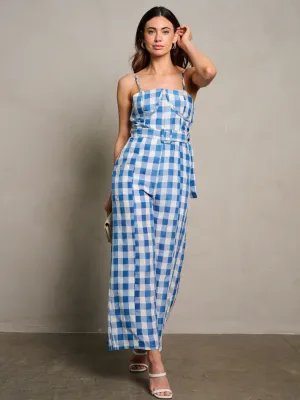 WOMEN'S SLEEVELESS POCKETS SELF TIE WIDE LEG PLAID JUMPSUIT