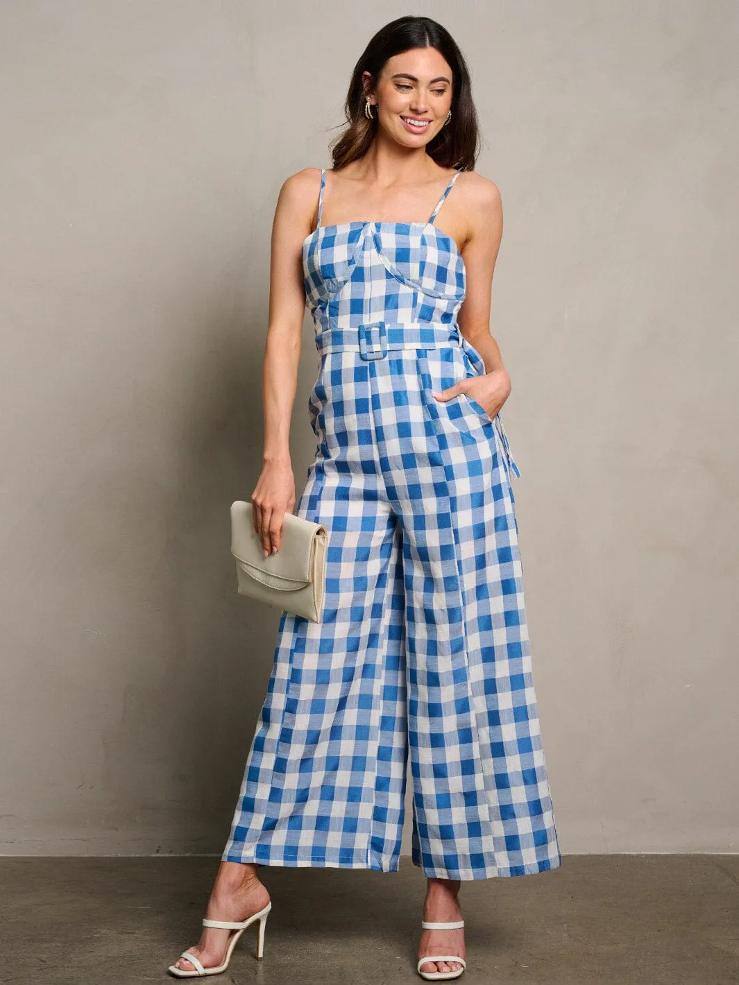WOMEN'S SLEEVELESS POCKETS SELF TIE WIDE LEG PLAID JUMPSUIT