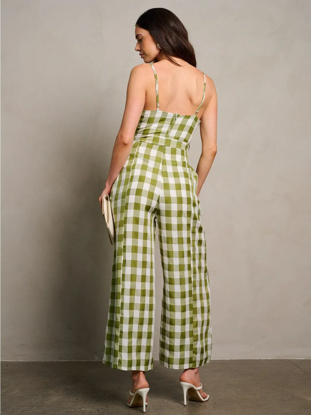 WOMEN'S SLEEVELESS POCKETS SELF TIE WIDE LEG PLAID JUMPSUIT