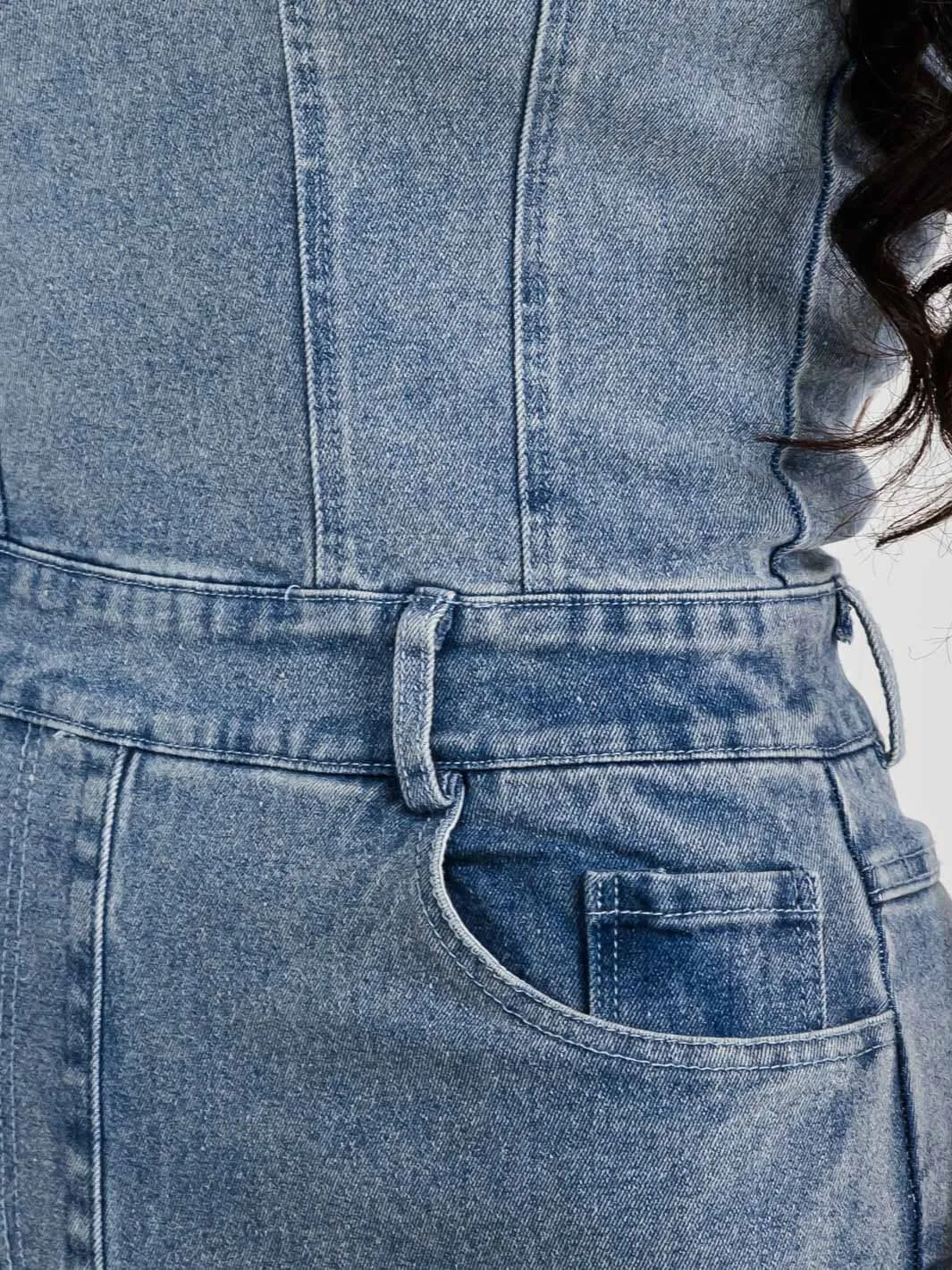 WOMEN'S SLEEVELESS POCKETS STRETCH WIDE LEG DENIM JUMPSUIT