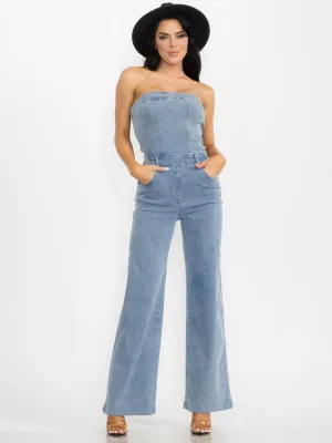 WOMEN'S SLEEVELESS POCKETS STRETCH WIDE LEG DENIM JUMPSUIT