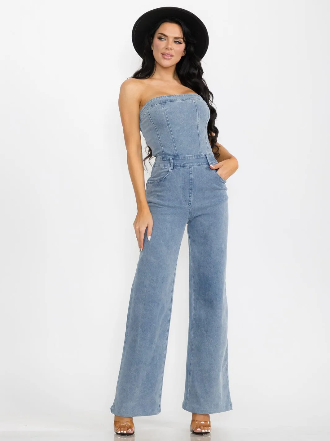 WOMEN'S SLEEVELESS POCKETS STRETCH WIDE LEG DENIM JUMPSUIT