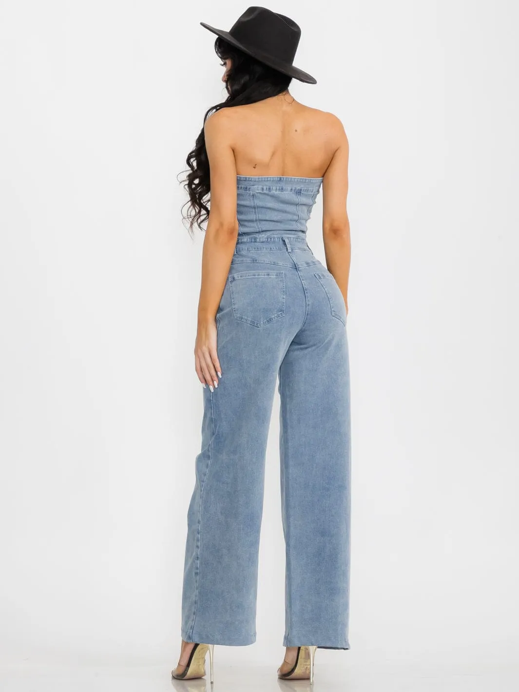 WOMEN'S SLEEVELESS POCKETS STRETCH WIDE LEG DENIM JUMPSUIT