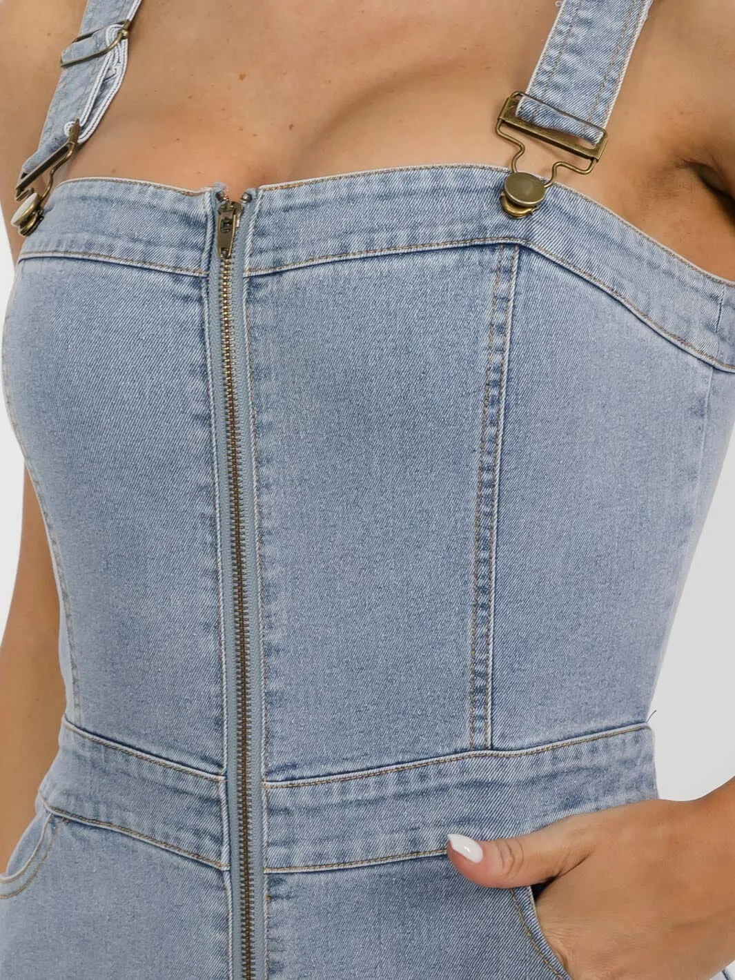 WOMEN'S SLEEVELESS POCKETS ZIP UP STRETCH DENIM JUMPSUIT