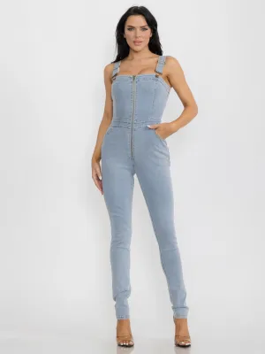 WOMEN'S SLEEVELESS POCKETS ZIP UP STRETCH DENIM JUMPSUIT