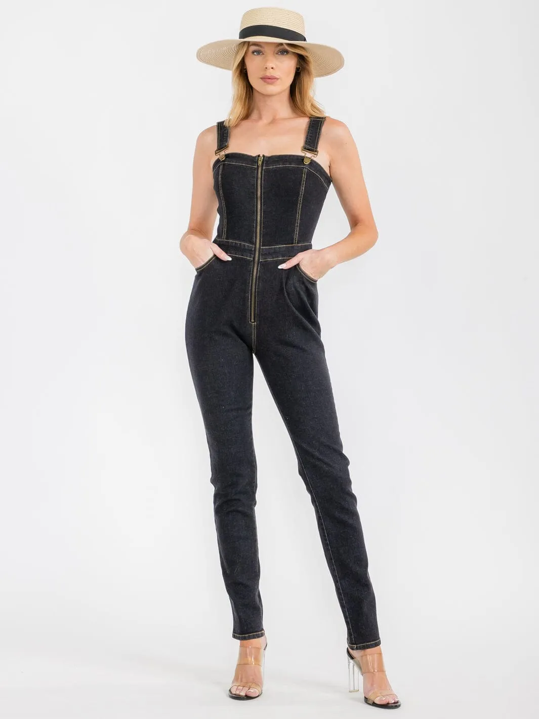 WOMEN'S SLEEVELESS POCKETS ZIP UP STRETCH DENIM JUMPSUIT