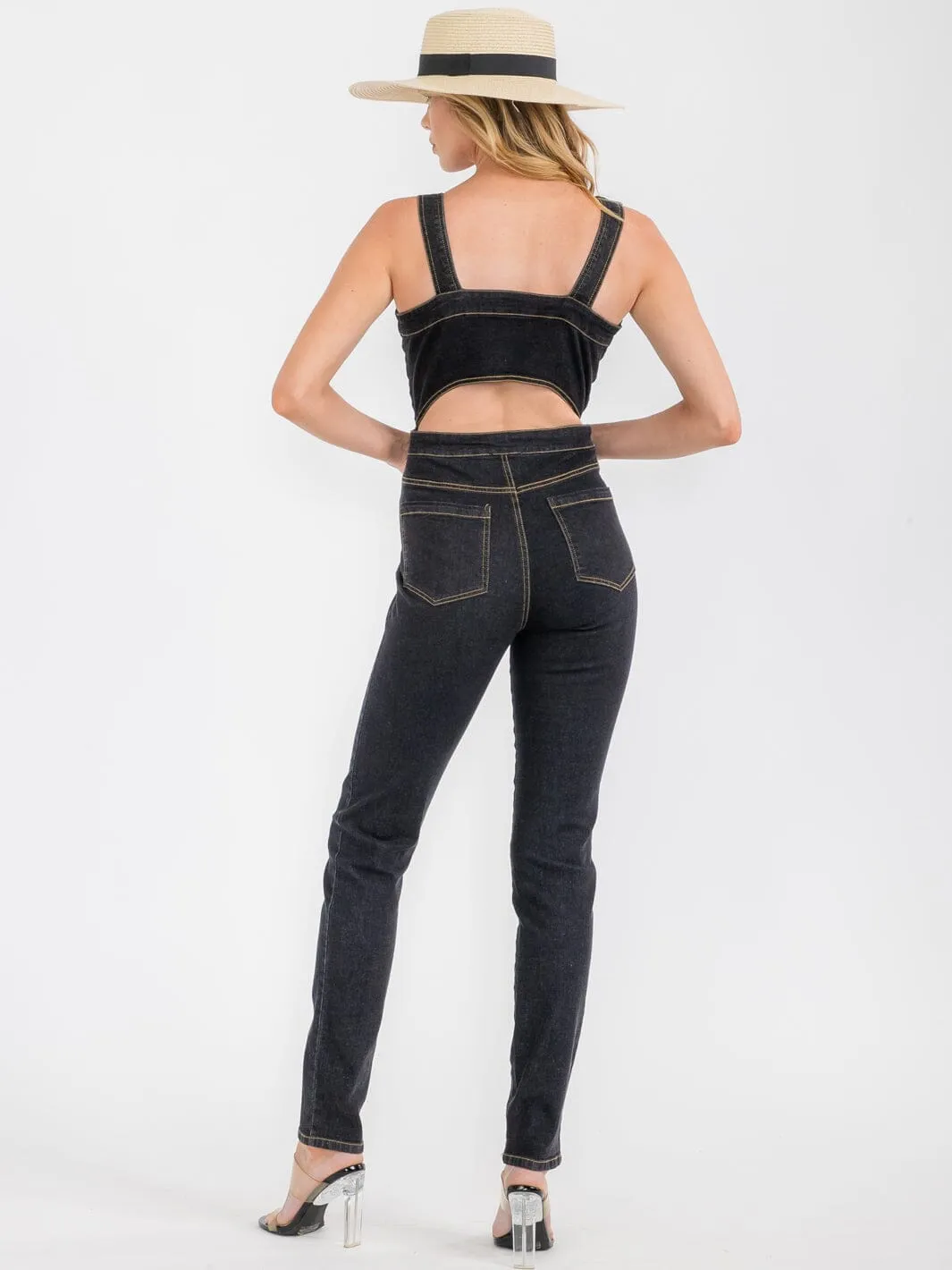 WOMEN'S SLEEVELESS POCKETS ZIP UP STRETCH DENIM JUMPSUIT