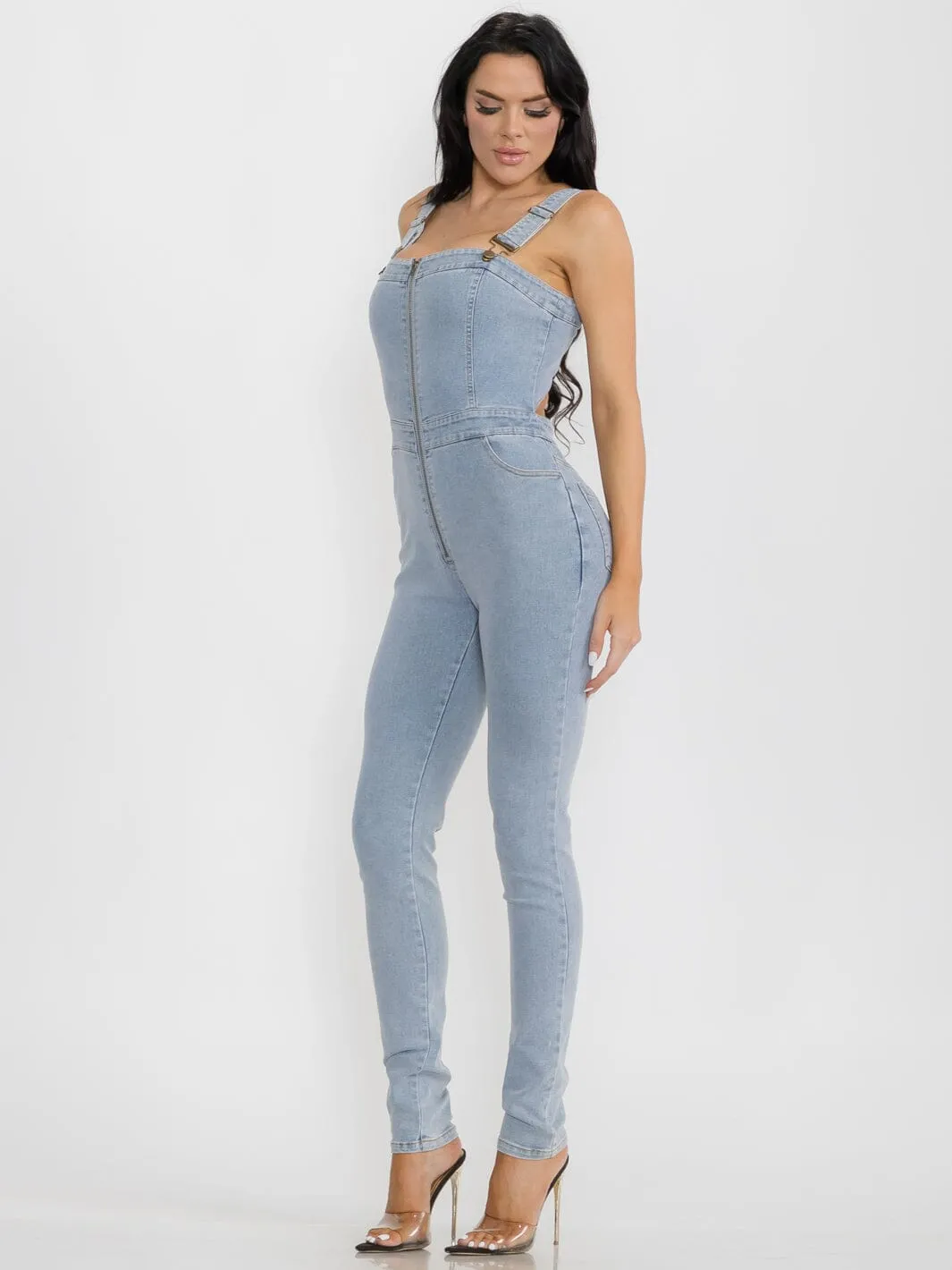 WOMEN'S SLEEVELESS POCKETS ZIP UP STRETCH DENIM JUMPSUIT