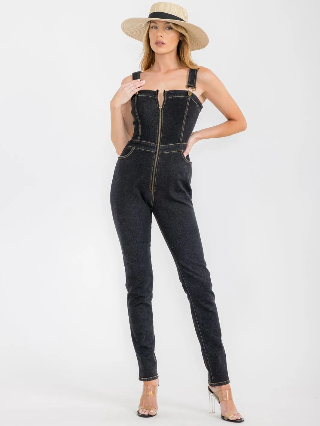 WOMEN'S SLEEVELESS POCKETS ZIP UP STRETCH DENIM JUMPSUIT