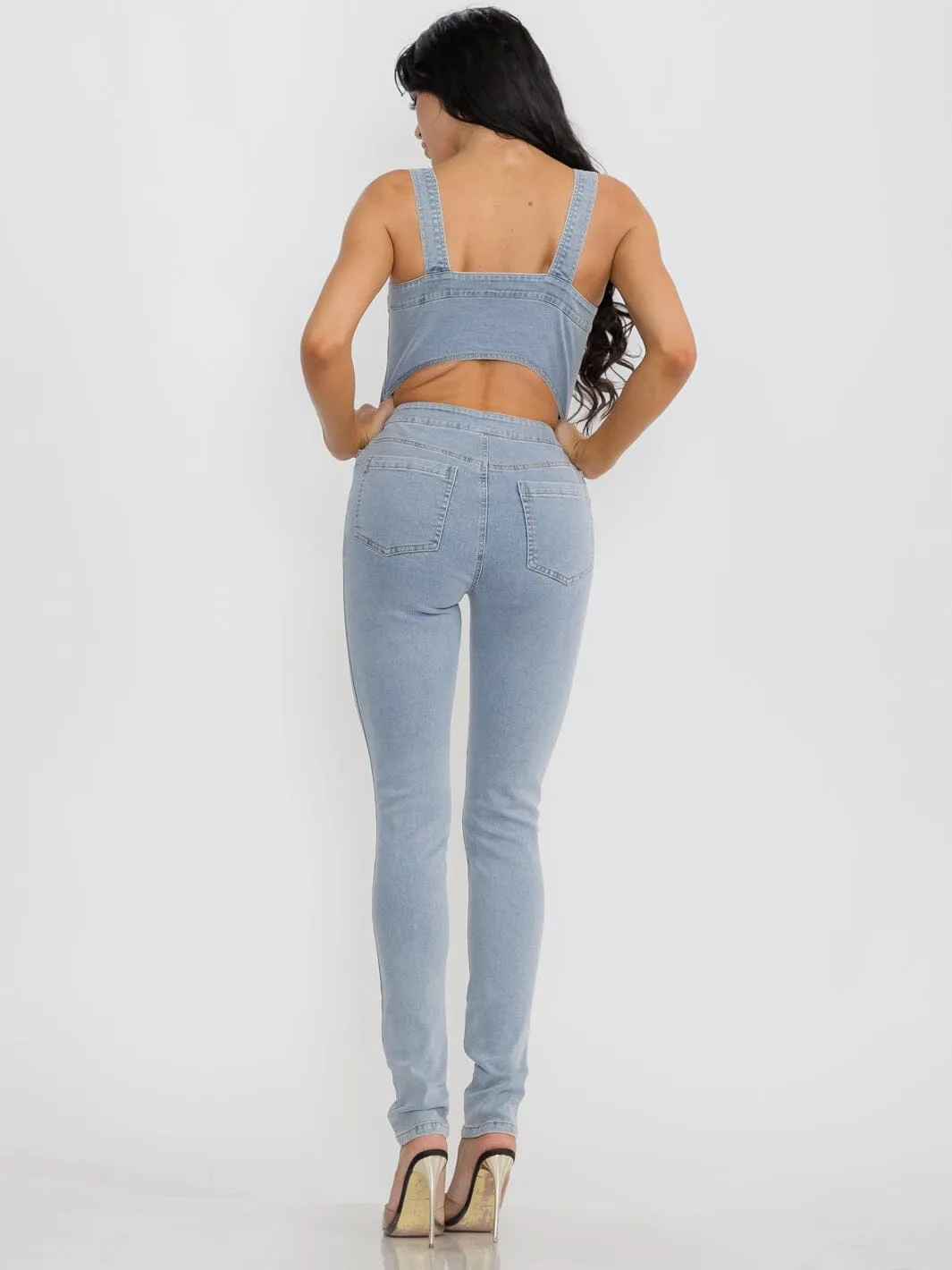 WOMEN'S SLEEVELESS POCKETS ZIP UP STRETCH DENIM JUMPSUIT