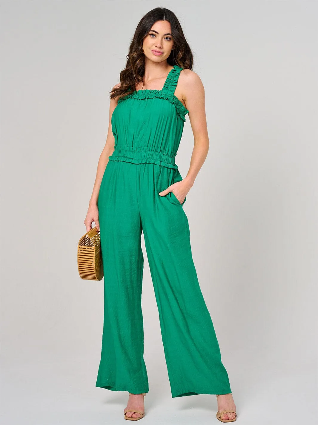 WOMEN'S SLEEVELESS SMOCK WAIST FRONT POCKETS WIDE LEG JUMPSUIT