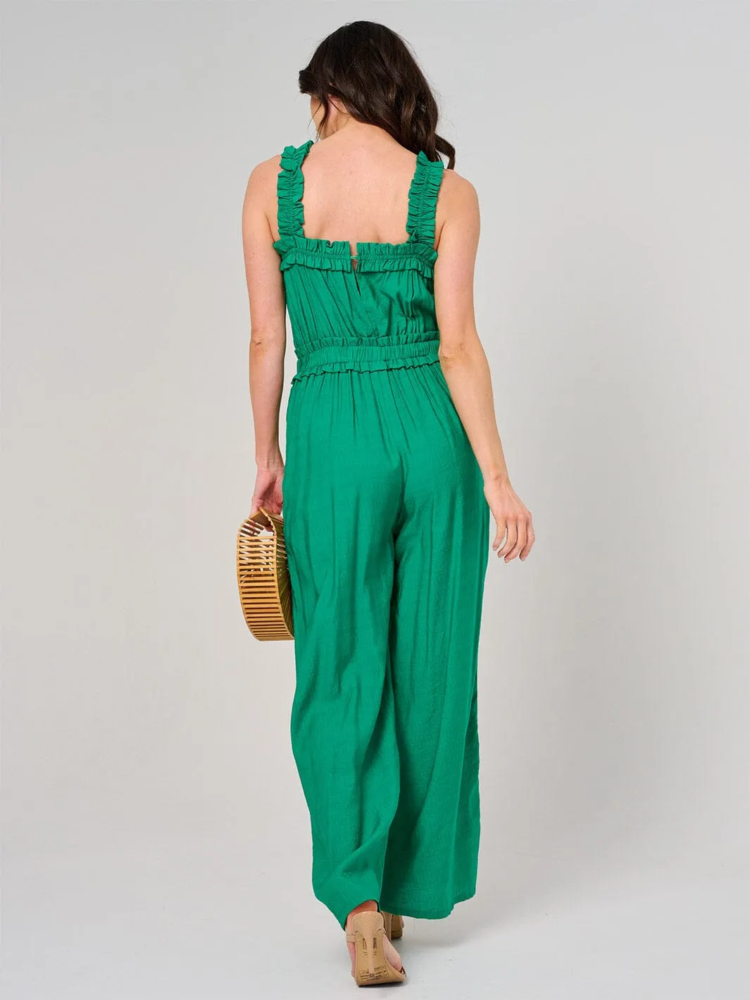 WOMEN'S SLEEVELESS SMOCK WAIST FRONT POCKETS WIDE LEG JUMPSUIT