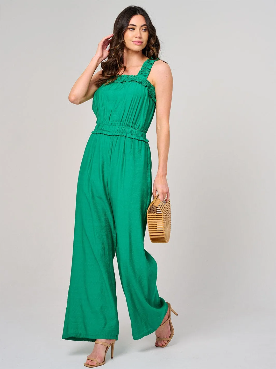 WOMEN'S SLEEVELESS SMOCK WAIST FRONT POCKETS WIDE LEG JUMPSUIT