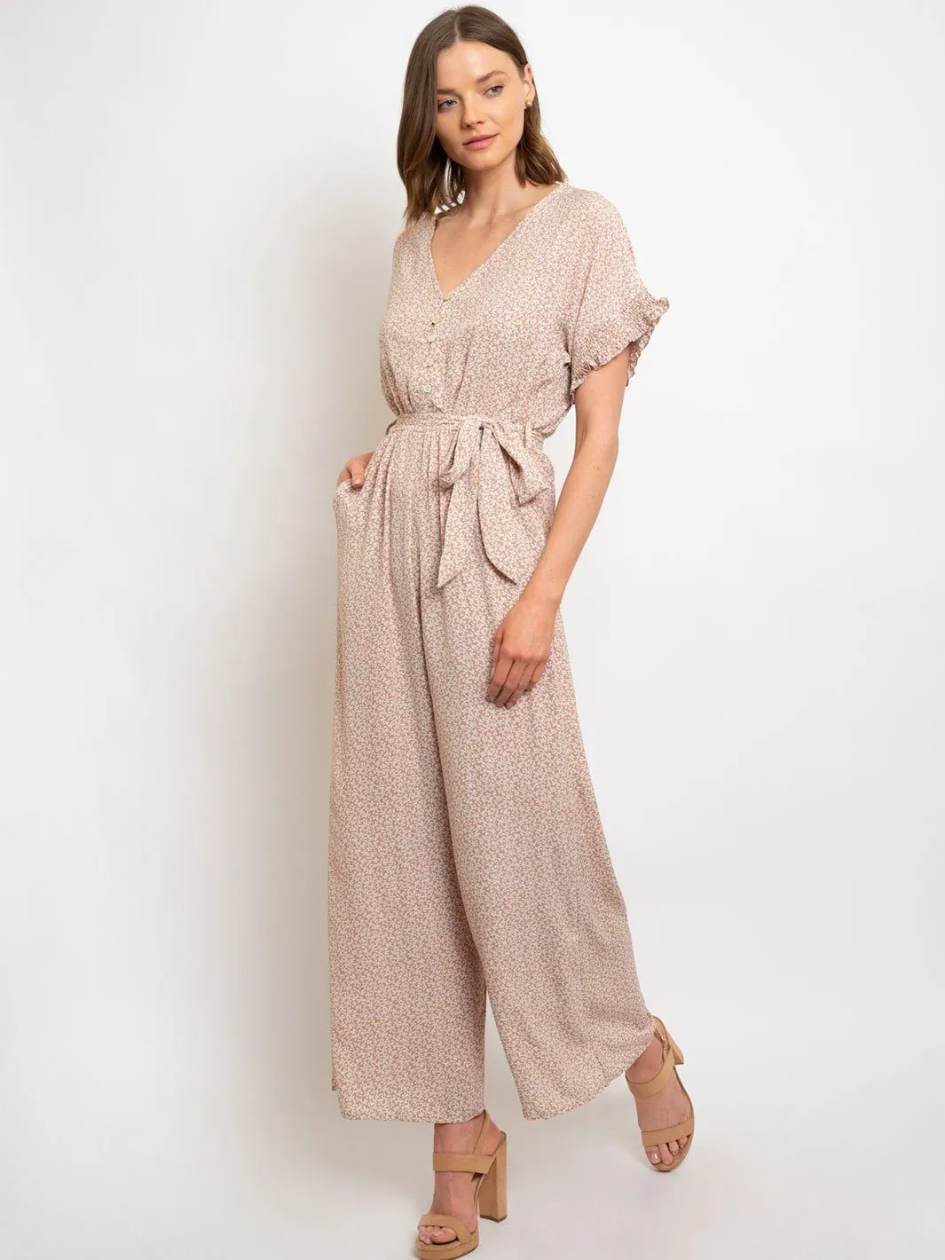 WOMEN'S SMOCKING DETAILED SLEEVE BUTTON DOWN JUMPSUIT