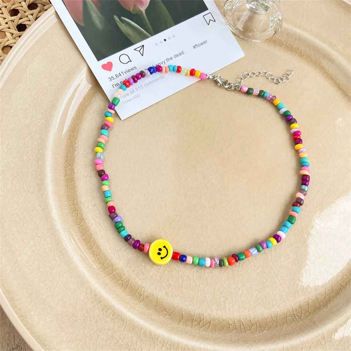 Yellow & Howlite Multicolor Smiley Beaded Choker Necklace