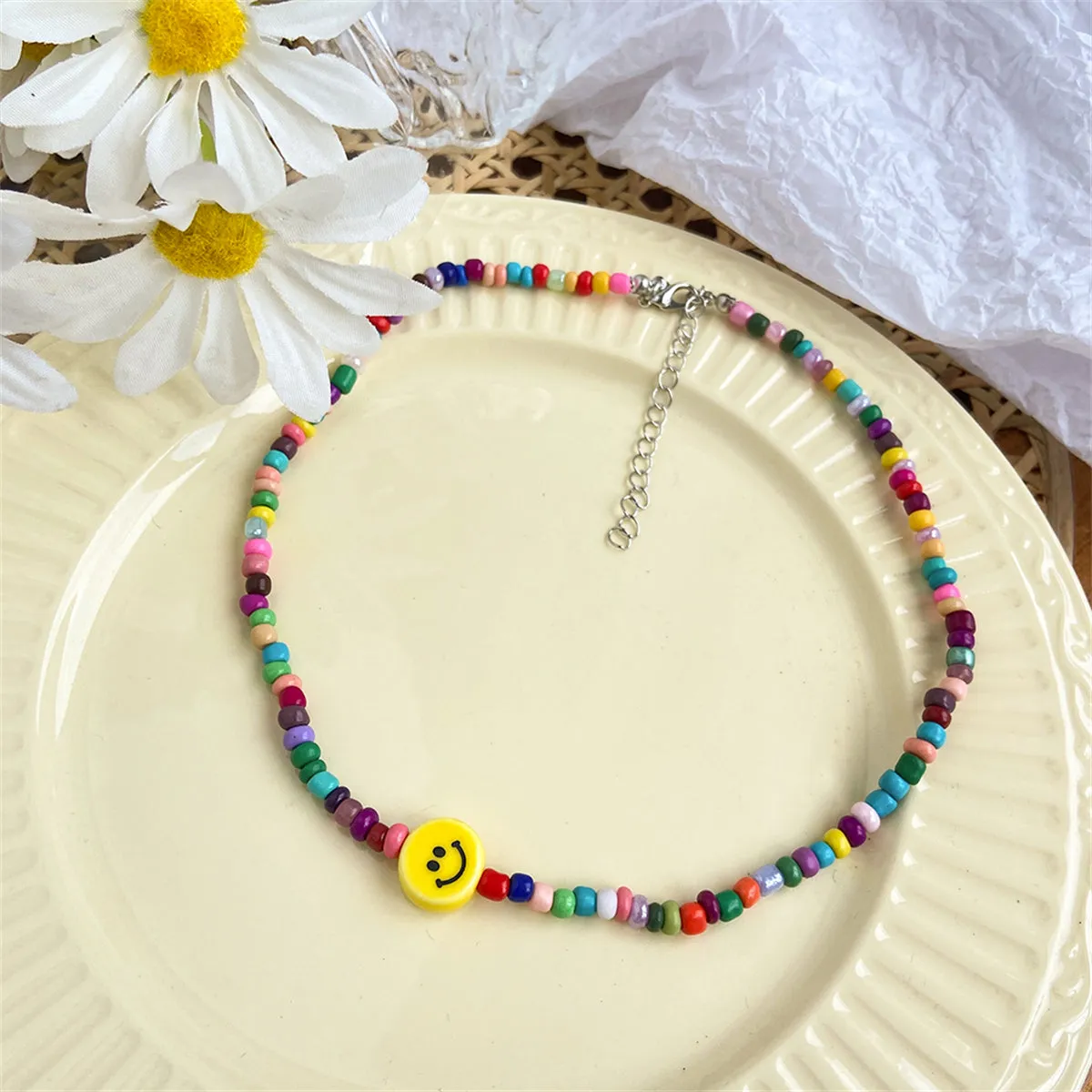 Yellow & Howlite Multicolor Smiley Beaded Choker Necklace