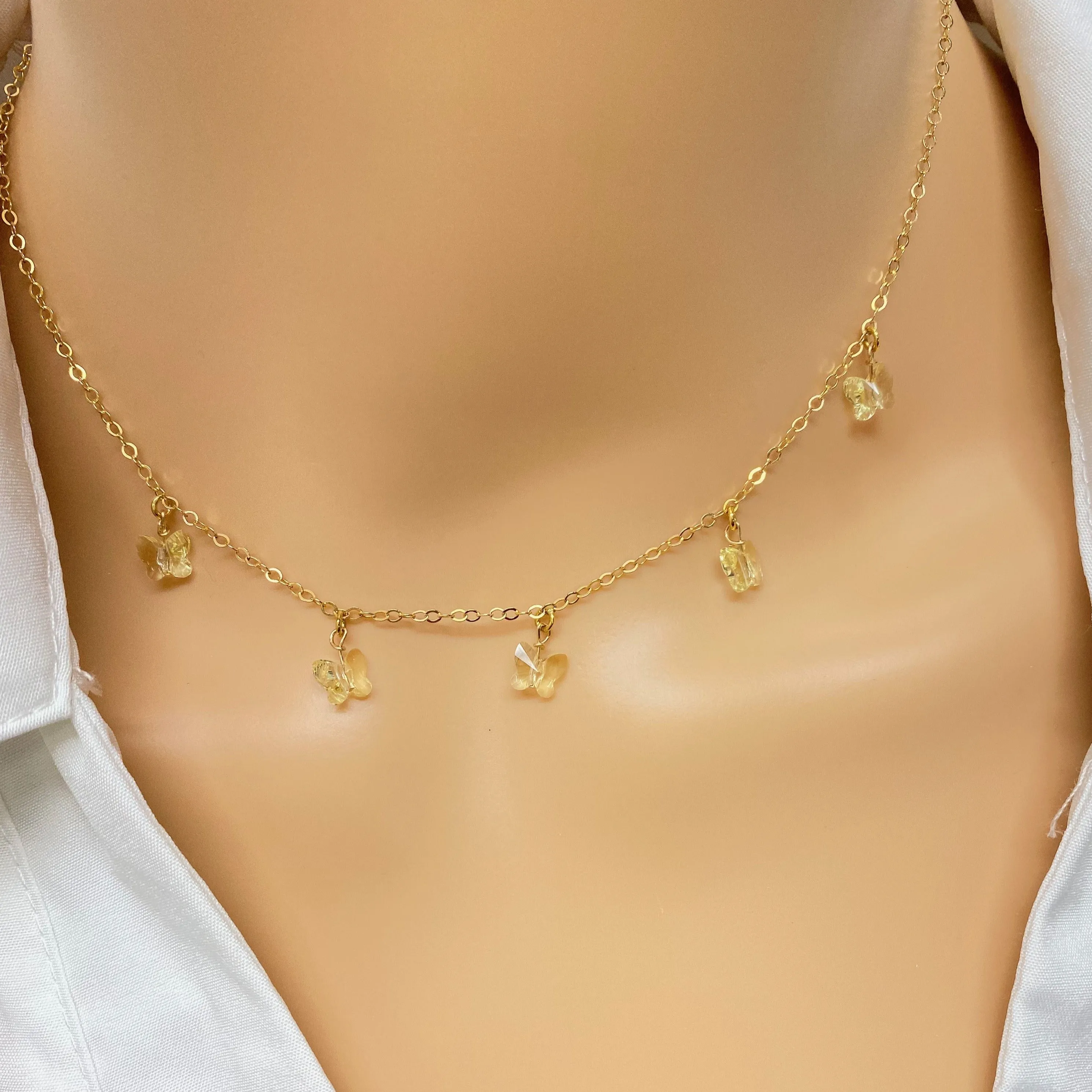 Yellow Citrine Butterfly Choker 14K Gold Necklace